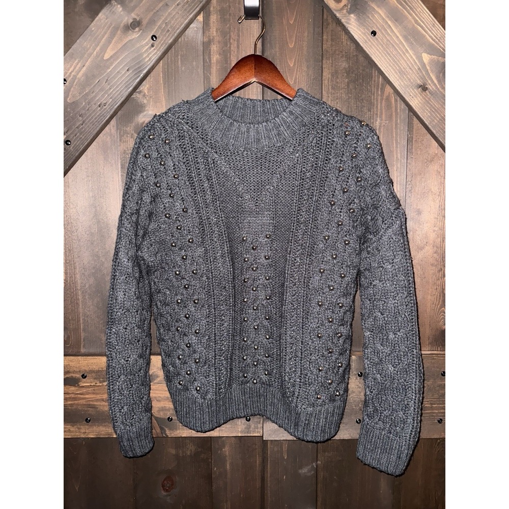 H&M Ladies Beaded Mock Turtleneck Cable Long Sleeve Sweater Black Sz S Small‎